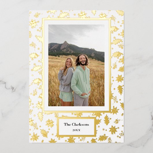 メリークリスマス!写真と家族の名前と年 箔シーズンカード (正面)