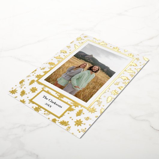 メリークリスマス!写真と家族の名前と年 箔シーズンカード (回転した状態)