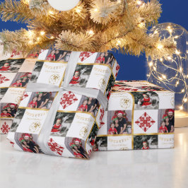 メリークリスマス - 写真入りゴールドとレッドのオーナメント ラッピングペーパー