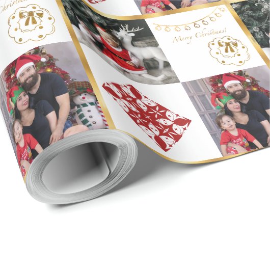 メリークリスマス – 写真金ゴールドと赤オーナメント ラッピングペーパー (ロールコーナー)