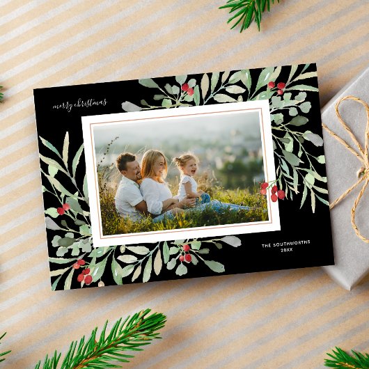 メリークリスマス　写真　冬の葉　赤い実 シーズンカード