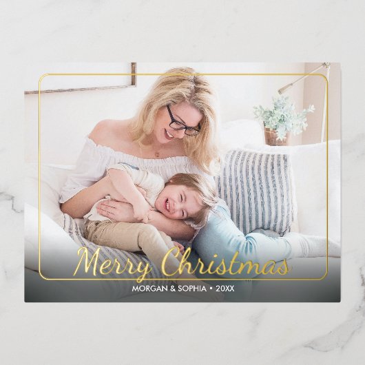 メリークリスマス、写真、名前&メッセージ金ゴールド 箔シーズンポストカード (正面)