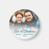 メリークリスマス 写真 新婚 ターコイズ スクリプト マグネット (正面)