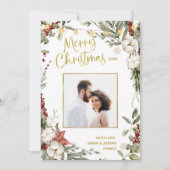 メリークリスマス | 冬のフローラと写真と金ゴールド シーズンカード (正面)