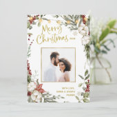 メリークリスマス | 冬のフローラと写真と金ゴールド シーズンカード (スタンド正面)