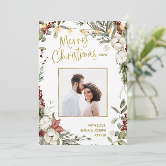 メリークリスマス | 冬のフローラと写真と金ゴールド シーズンカード (スタンド正面)