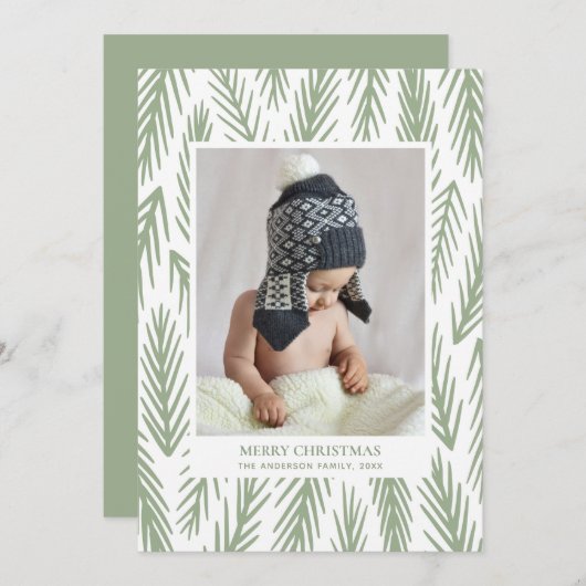 メリークリスマス.冬の緑の松のパターン写真 シーズンカード (正面/裏面)