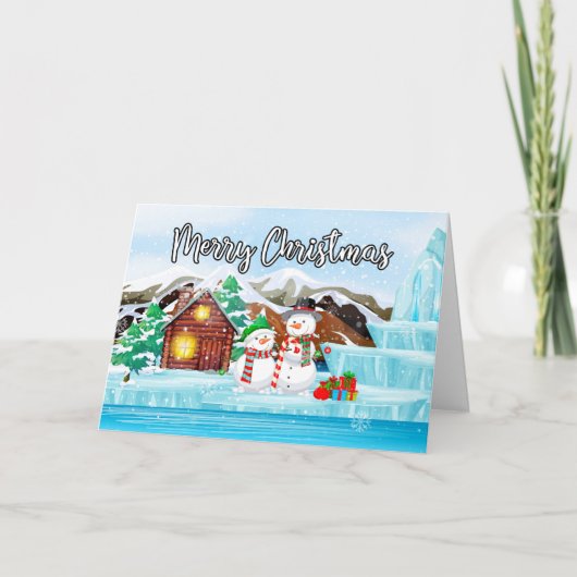 メリークリスマス 冬の雪だるまカップル シーズンカード (正面)