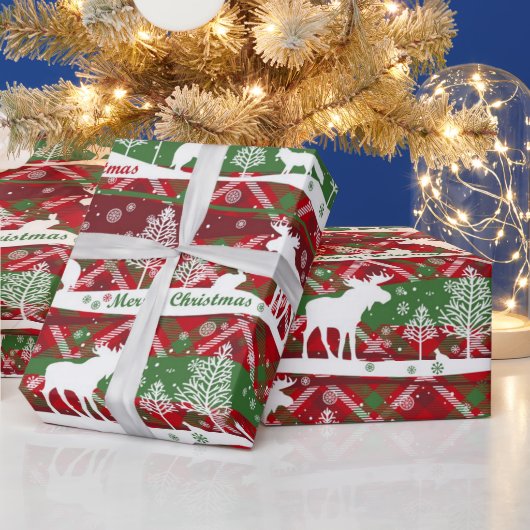 メリークリスマス、冬、ムース、オオカミ ラッピングペーパー (クリスマス)