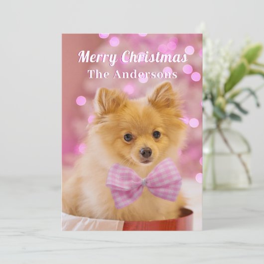 メリークリスマス&名前、かわいい犬またはあなたの写真 招待状 (スタンド正面)