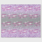 メリークリスマス，名前，明るい赤紫色&グレー，グリッター ラッピングペーパー (フラット)