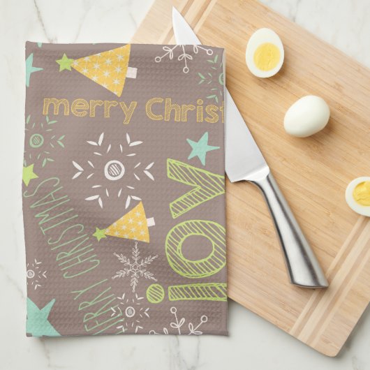 メリークリスマス、喜び、クリスマスツリーズキッチン キッチンタオル (四つ折り)