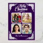 メリークリスマス、四枚、紫、シルバー 箔シーズンカード (正面)