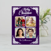 メリークリスマス、四枚、紫、シルバー 箔シーズンカード (立ち正面)