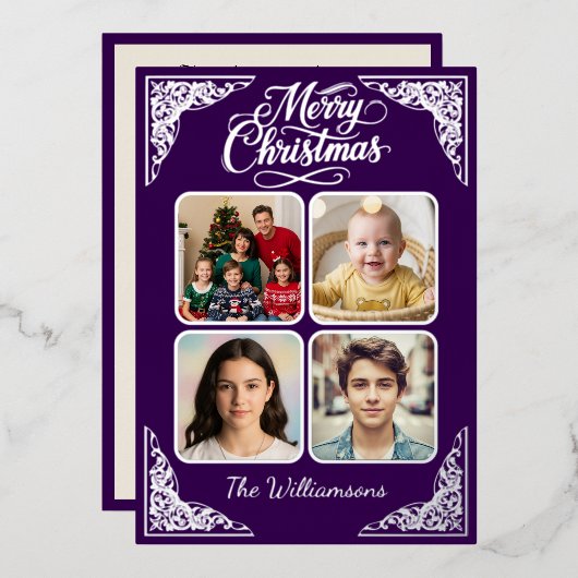 メリークリスマス、四枚、紫、シルバー 箔シーズンカード (正面/裏面)