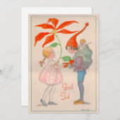 メリークリスマス,女の子と小妖精や小人,古いスウェーデンのヴィンテージ シーズンカード (正面/裏面)