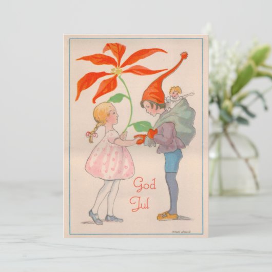 メリークリスマス，女の子と小妖精や小人，古いスウェーデンのヴィンテージ シーズンカード (スタンド正面)