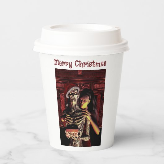 メリークリスマス。女性とユーモラスなスケルトン 紙コップ (正面)