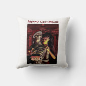 メリークリスマス。女性と一緒にいるユーモラスな骸骨 クッション (裏面)