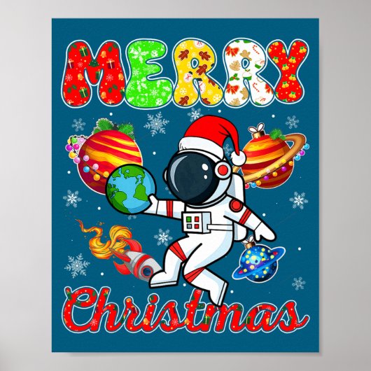 メリークリスマス 宇宙飛行士 サンタ帽子 雪の結晶 ツリー ポスター (正面)