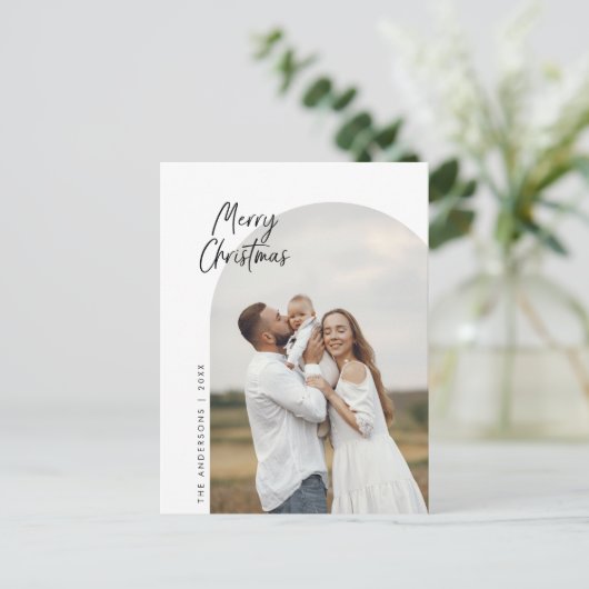 メリークリスマス、家族写真、アーチフレームの挨拶 ポストカード (スタンド正面)