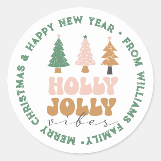 メリークリスマス&新年レトログリーンタイポグラフィ ラウンドシール (正面)