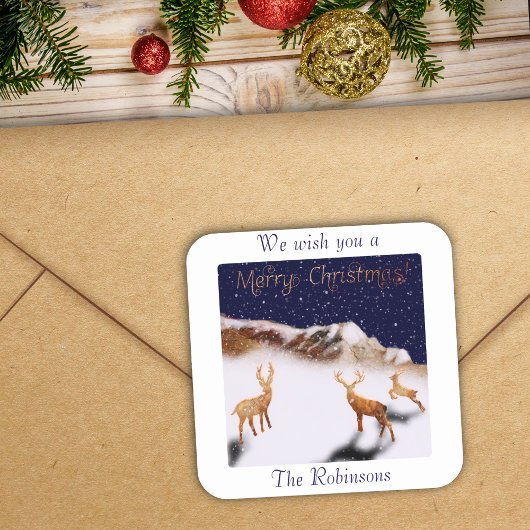 メリークリスマス – 木のデアと雪の山 スクエアシール