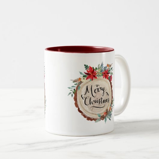 メリークリスマス&木の樹皮&花リース ツートーンマグカップ (正面右)