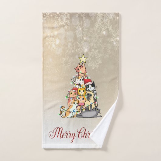 メリークリスマス、松猫の雪片 バスタオルセット (ハンドタオル)