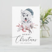 メリークリスマス.水の色ハスキー。かわいい動物 シーズンカード (スタンド正面)