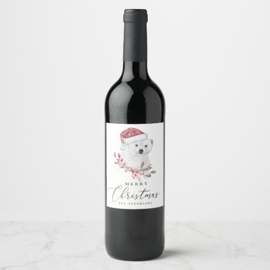 メリークリスマス.水彩の休日のシロクマ ワインラベル (正面)
