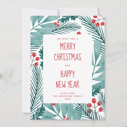 メリークリスマス.水彩の冬の松とフローラ シーズンカード (正面)