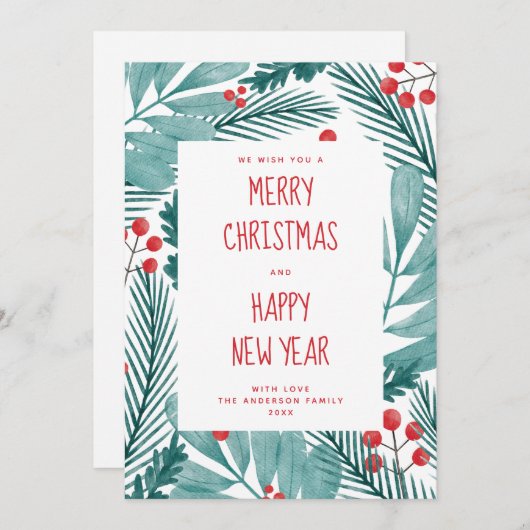 メリークリスマス.水彩の冬の松とフローラ シーズンカード (正面/裏面)