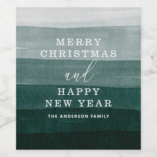 メリークリスマス.水彩の緑のストライプグラデーション色 ワインラベル (シングルラベル)