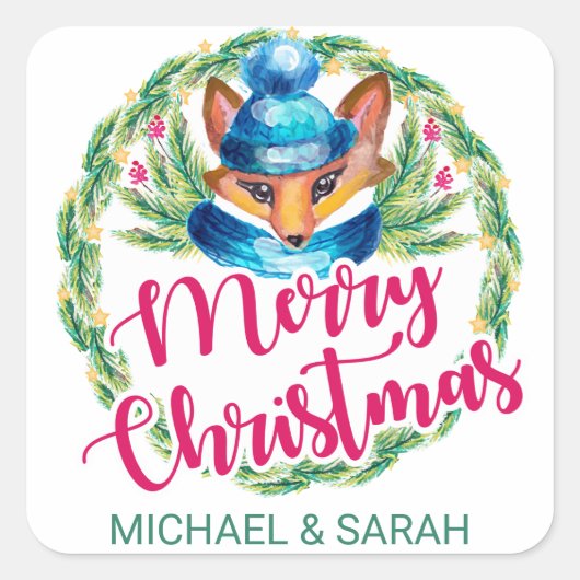 メリークリスマス |水彩冬キツネ スクエアシール (正面)