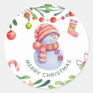 メリークリスマス.水彩可愛い休日雪だるま ラウンドシール