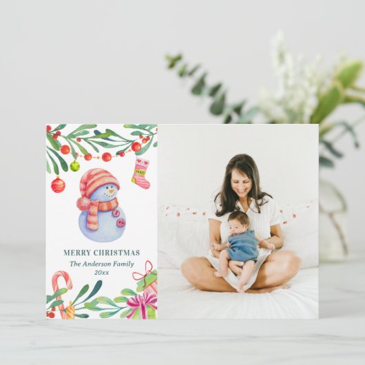 メリークリスマス.水彩可愛い雪だるま写真 シーズンカード (スタンド正面)
