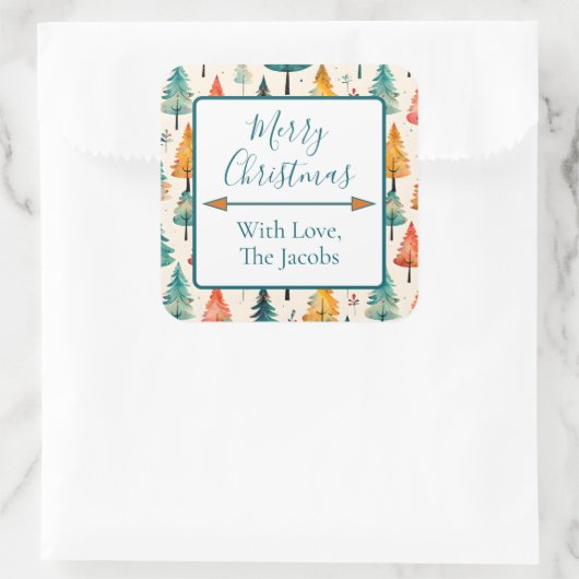 メリークリスマス | 水彩松の木クリスマス スクエアシール (バッグ)