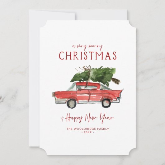 メリークリスマス | 水彩画の赤い車 シーズンカード (正面)