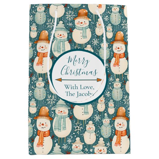 メリークリスマス | 水彩雪だるまクリスマス ミディアムペーパーバッグ (正面)