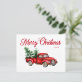 メリークリスマス　水彩 ヴィンテージ レッドトラック 年 ポストカード (スタンド正面)