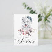 メリークリスマス.水色かわいいホリデーハスキー シーズンポストカード (スタンド正面)