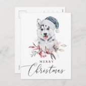 メリークリスマス.水色かわいいホリデーハスキー シーズンポストカード (正面/裏面)