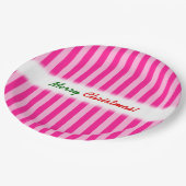 "メリークリスマス! "; 淡いピンク及び濃いピンク縞で飾ります ペーパープレート (アングル)