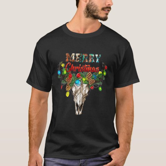 メリークリスマス 牛の頭蓋骨 クリスマス Tシャツ (正面)