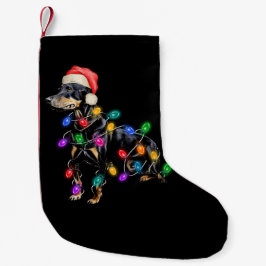 メリークリスマス 犬がクリスマスイルミネーションに絡まる スモールクリスマスストッキング