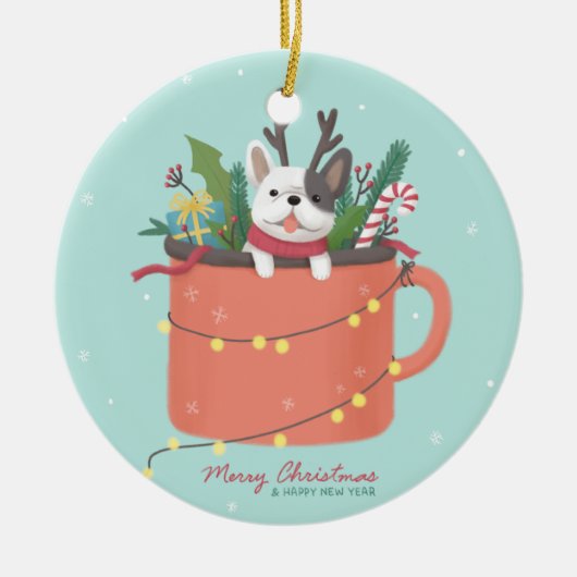 メリークリスマス：犬のイラストレーションアート セラミックオーナメント (正面)
