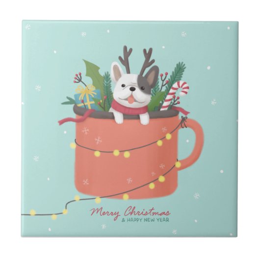 メリークリスマス：犬のイラストレーションアート タイル (正面)