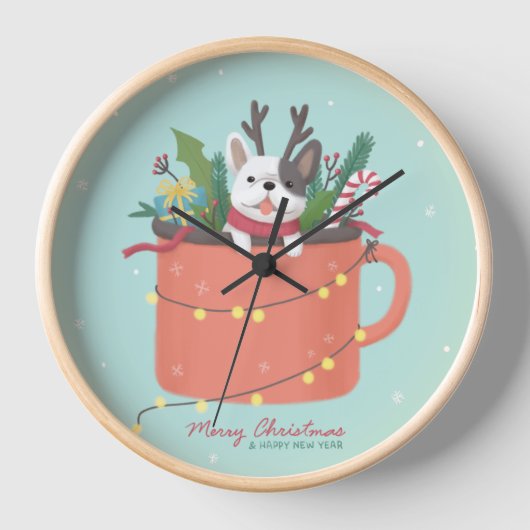 メリークリスマス：犬のイラストレーションアート 壁時計 (正面)