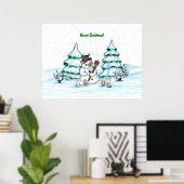 メリークリスマス！猫と子犬と雪だるま ポスター (ホームオフィス)